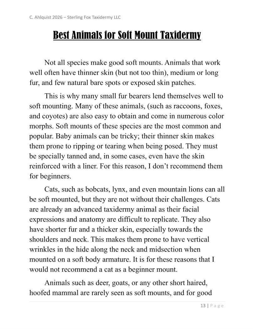 Soft Mount Taxidermy DIY Beginners Guide - Digital 270+ page PDF Soft Mount Taxidermy Book by Chandra Ahlquist - Downloadable E-BOOK