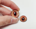 Person holding two small brown lenses against a white background